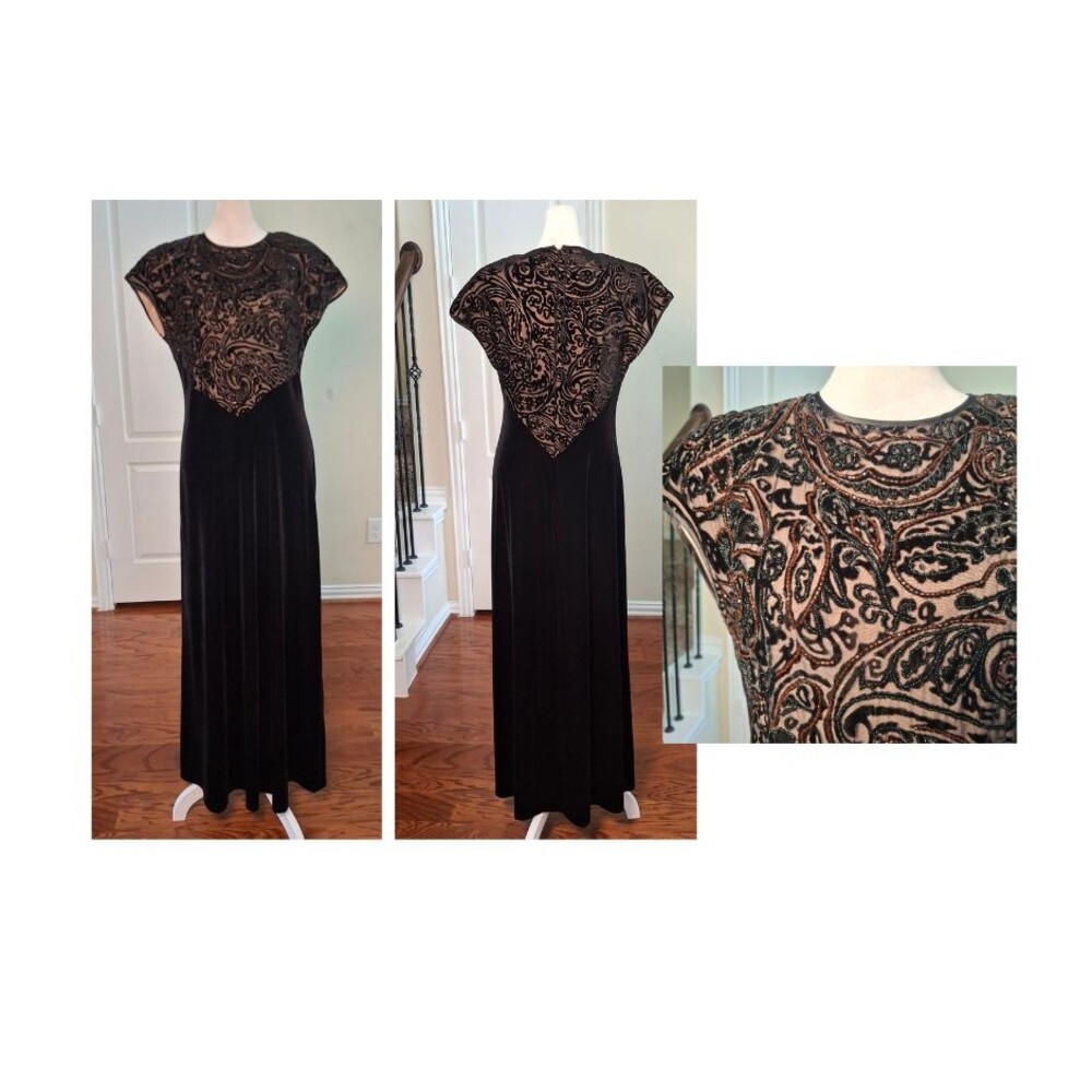 Jeffrey Dara Beaded Velvet Burnout Formal Dress Black Women 6 Dark Romantic Y2k